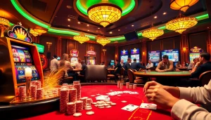 AX88 online gaming environment featuring players at tables and vibrant slot machines, enhancing the gambling experience.