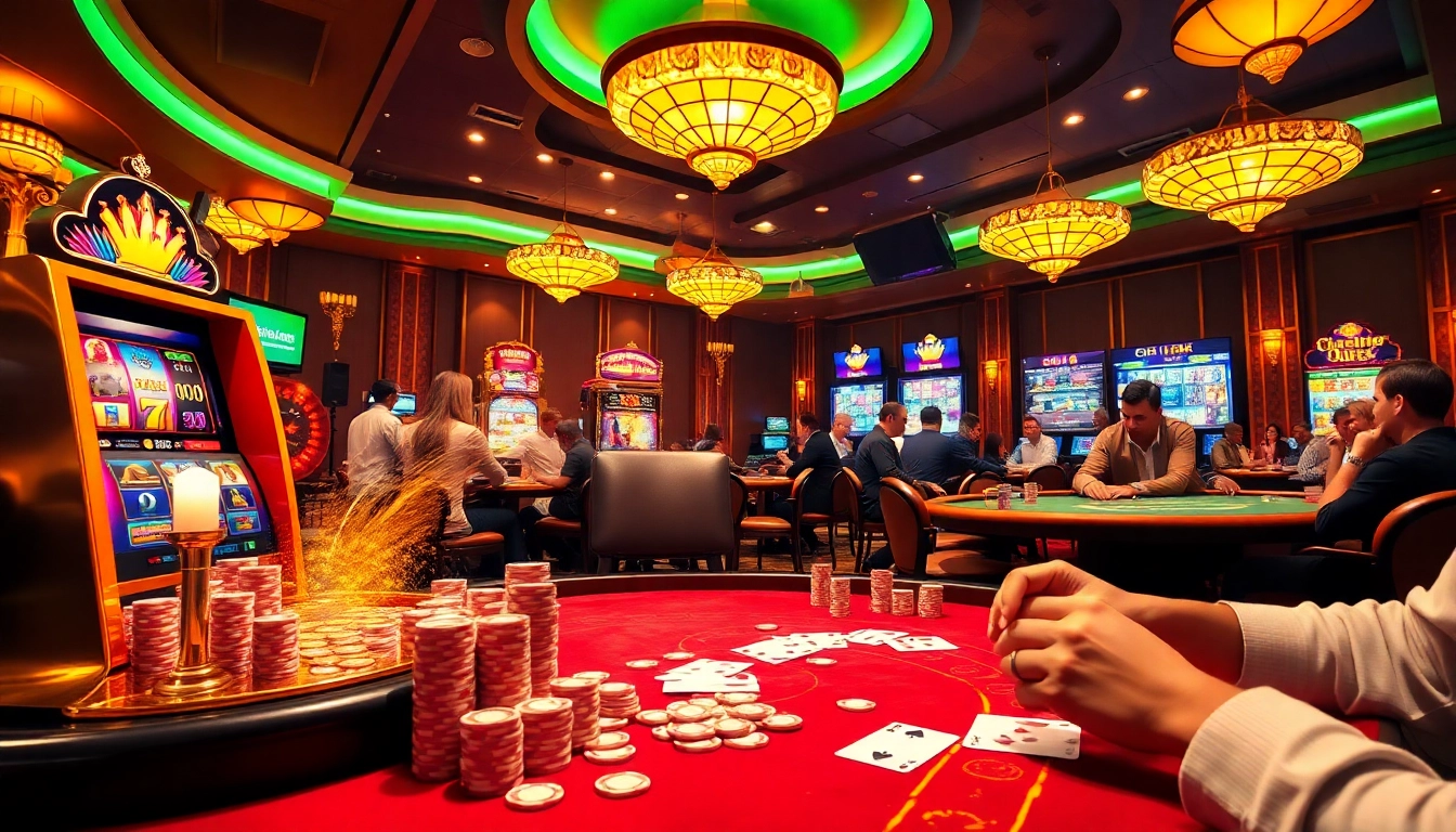 AX88 online gaming environment featuring players at tables and vibrant slot machines, enhancing the gambling experience.