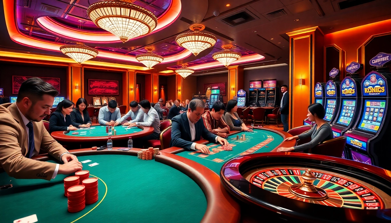 58WIN players engaging with high-stakes poker chips and roulette wheels in a vibrant casino setting.
