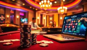 Professional players engaging with 8XX poker chips and cards in a luxury casino atmosphere.