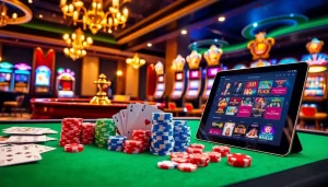 Experience thrilling games at https://bem88.com with vibrant poker chips and a roulette wheel.