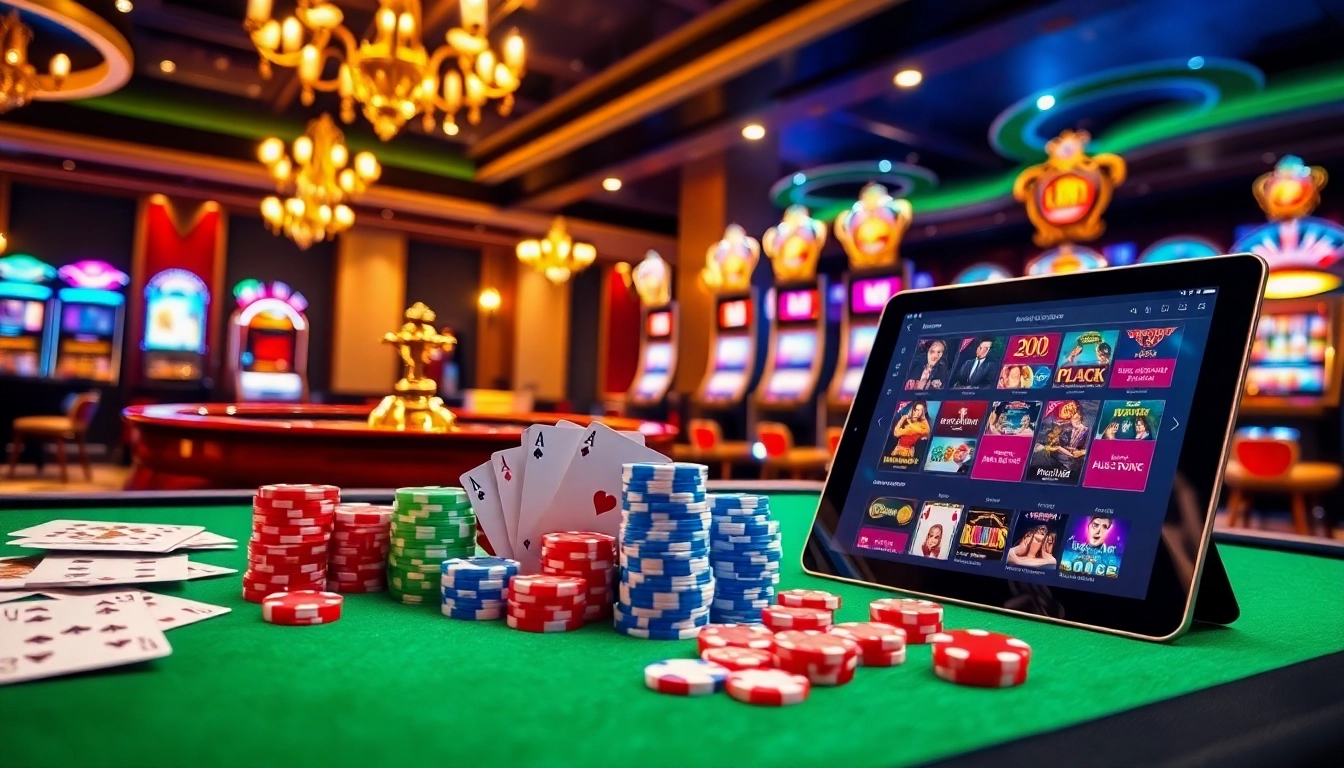 Experience thrilling games at https://bem88.com with vibrant poker chips and a roulette wheel.