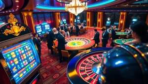 Players enjoying a thrilling game at open88 casino with roulette and slot machines.