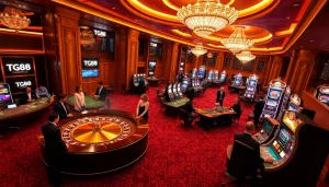 Experience the thrill of TG88 with excited players at luxurious casino tables and vibrant slot machines.