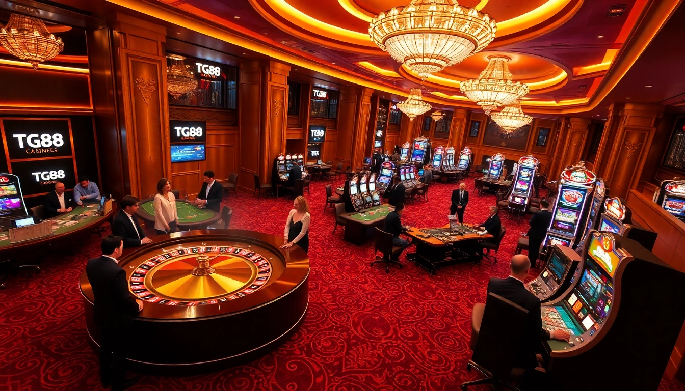 Experience the thrill of TG88 with excited players at luxurious casino tables and vibrant slot machines.