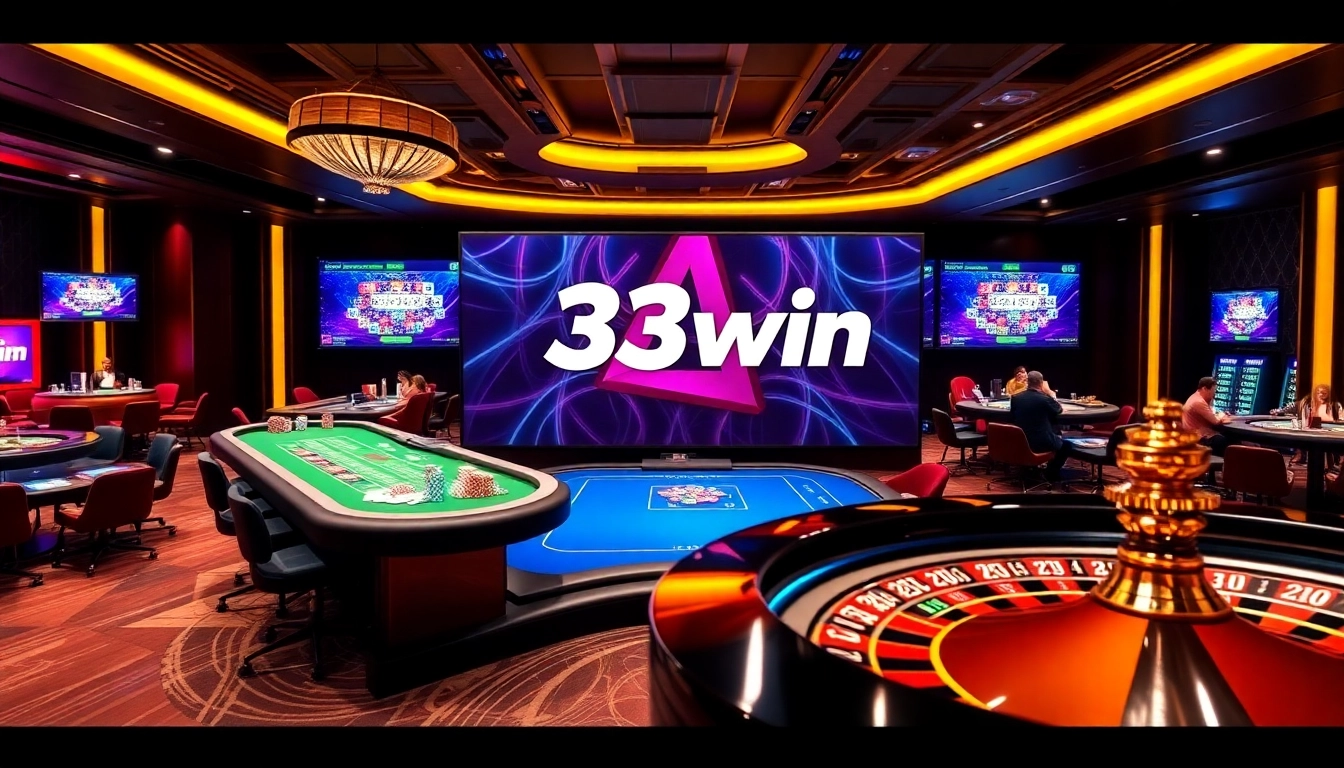 Players are winning big at 33win's vibrant casino tables filled with colorful chips and cards.