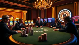 Exciting high-stakes poker game scene illustrating 8DAY's casino vibe with players and chips.