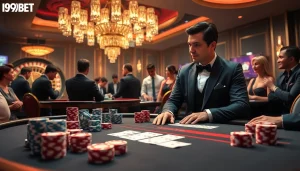 I9BET players engaging in a thrilling poker game at a luxurious casino table.