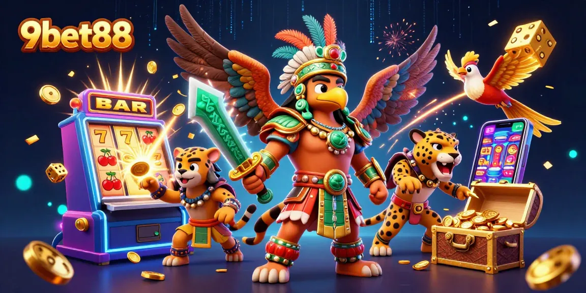 Immerse in 9bet88's exhilarating jackpot scene featuring dynamic slot machines and vibrant casino elements.