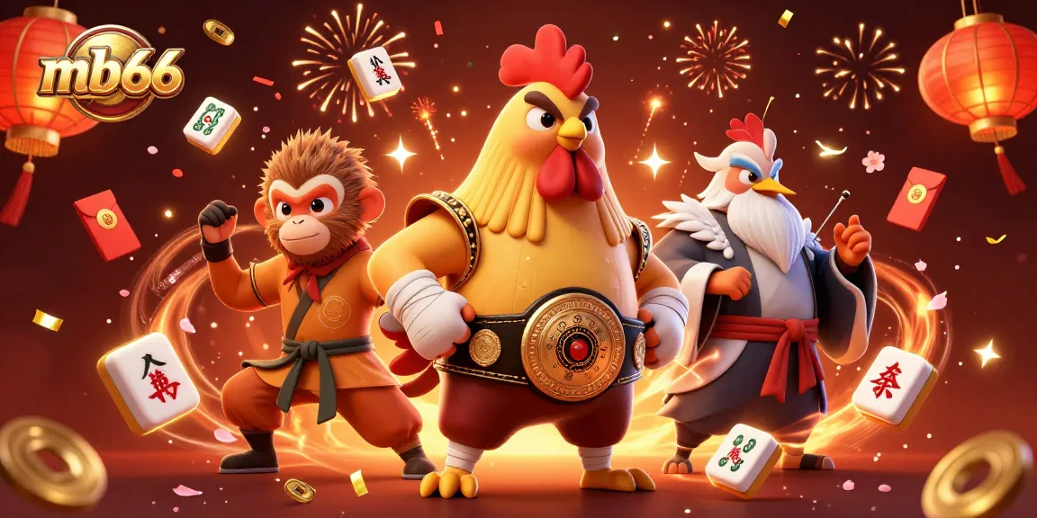 Engage in exciting gameplay at mb66 with animated rooster, monkey, and crane in vibrant casino scene.