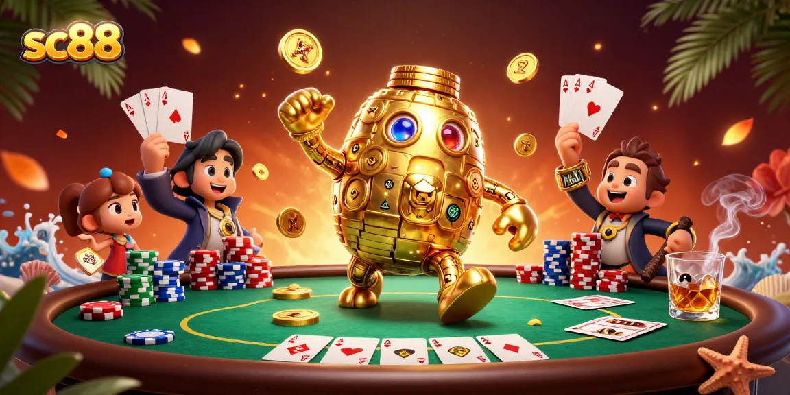 Experience the thrill of gambling with sc88, featuring dynamic illustrations of casino characters and elements.