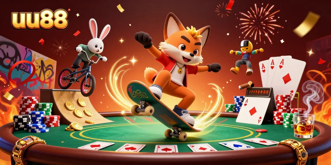 Exciting scene showcasing UU88's 3D cartoon fox and rabbit immersed in gambling action with vibrant casino elements.